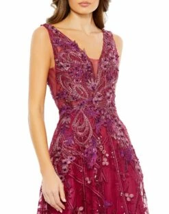 Embroidered Sleeveless Plunge Neck A Line Gown -Women's Skirt 20265 Berry CL