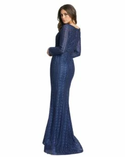 Embroidered Long Sleeve V Neck Trumpet Gown -Women's Skirt 20271D MidnightBlue BK