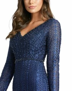 Embroidered Long Sleeve V Neck Trumpet Gown -Women's Skirt 20271D MidnightBlue CL