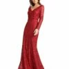 Embroidered Long Sleeve V Neck Trumpet Gown -Women's Skirt 20271 BUR Default 1 WS