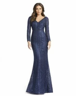 Embroidered Long Sleeve V Neck Trumpet Gown -Women's Skirt 20271 MID Default 1 WS