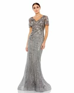 Embellished V Neck Cap Sleeve Trumpet Gown