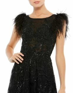 Embellished Feather Cap Sleeve Bateau A Line Gown -Women's Skirt 20296 Black CL