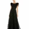 Embellished Feather Cap Sleeve Bateau A Line Gown -Women's Skirt 20296D Black AB 1
