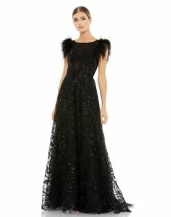 Embellished Feather Cap Sleeve Bateau A Line Gown