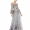 Jewel Encrusted Illusion Long Sleeve A Line Gown -Women's Skirt 20307 Platinum AB
