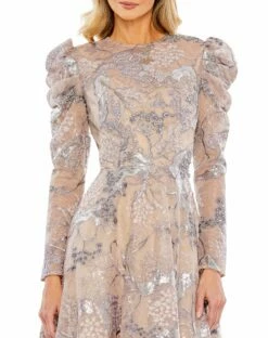 Embellished High Neck Puff Sleeve A-Line Dress -Women's Skirt 20326 Taupe CL