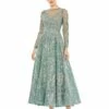 Embellished Bow Belt Illusion Long Sleeve A Line Dress -Women's Skirt 20337 Jade AB