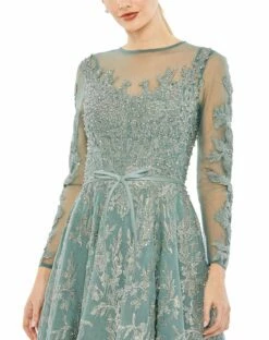 Embellished Bow Belt Illusion Long Sleeve A Line Dress 10 Embellished Bow Belt Illusion Long Sleeve A Line Dress -Women's Skirt 20337 Jade CL
