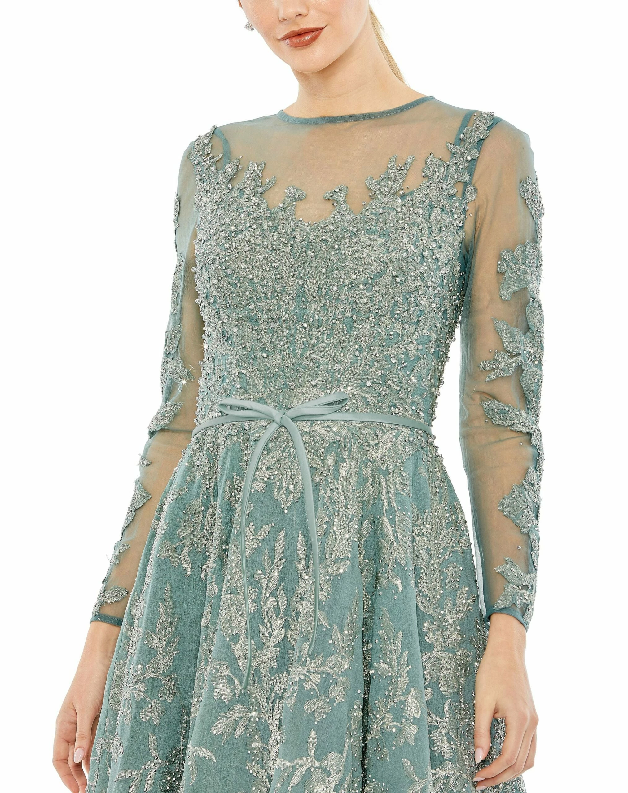 Embellished Bow Belt Illusion Long Sleeve A Line Dress 5 Embellished Bow Belt Illusion Long Sleeve A Line Dress - Image 3