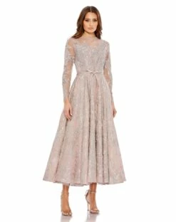 Embellished Bow Belt Illusion Long Sleeve A Line Dress 11 Embellished Bow Belt Illusion Long Sleeve A Line Dress -Women's Skirt 20337 Rose AB