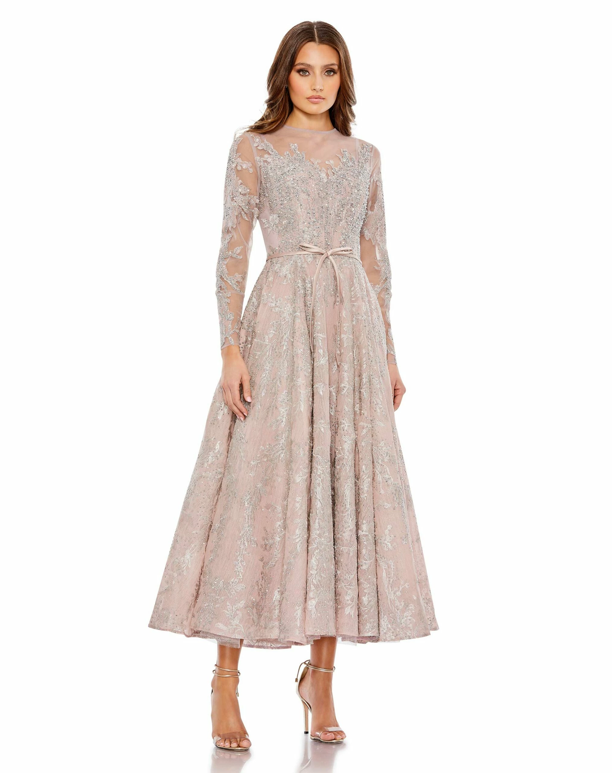 Embellished Bow Belt Illusion Long Sleeve A Line Dress 6 Embellished Bow Belt Illusion Long Sleeve A Line Dress - Image 4