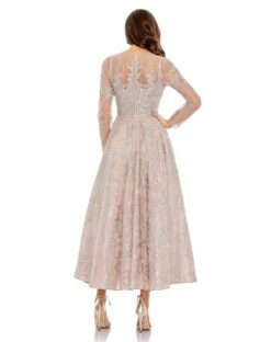 Embellished Bow Belt Illusion Long Sleeve A Line Dress 12 Embellished Bow Belt Illusion Long Sleeve A Line Dress -Women's Skirt 20337 Rose BK
