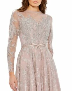 Embellished Bow Belt Illusion Long Sleeve A Line Dress 13 Embellished Bow Belt Illusion Long Sleeve A Line Dress -Women's Skirt 20337 Rose CL