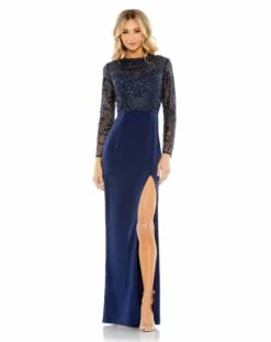 Embellished High Neck Bodice Faux Wrap Gown