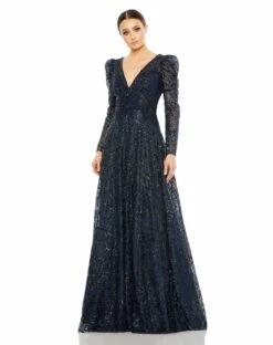Embellished V Neck Long Sleeve A Line Gown -Women's Skirt 20353 Midnight AB
