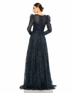 Embellished V Neck Long Sleeve A Line Gown -Women's Skirt 20353 Midnight BK