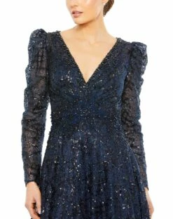 Embellished V Neck Long Sleeve A Line Gown -Women's Skirt 20353 Midnight CL