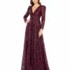 Embellished V Neck Long Sleeve A Line Gown -Women's Skirt 20353 Plum AB
