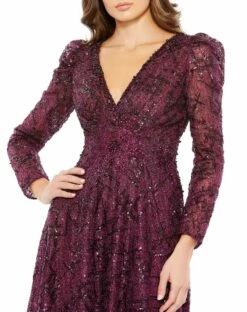 Embellished V Neck Long Sleeve A Line Gown -Women's Skirt 20353 Plum CL