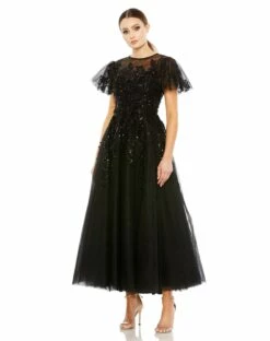 Embellished Flutter Sleeve Bow Waist A Line Dress -Women's Skirt 20362 Black AB