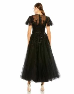 Embellished Flutter Sleeve Bow Waist A Line Dress -Women's Skirt 20362 Black BK