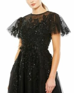 Embellished Flutter Sleeve Bow Waist A Line Dress -Women's Skirt 20362 Black CL