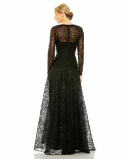 Crystal Embellished Long Sleeve V Neck Gown 12 Crystal Embellished Long Sleeve V Neck Gown -Women's Skirt 20367 BLK 2 WS