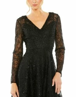 Crystal Embellished Long Sleeve V Neck Gown 13 Crystal Embellished Long Sleeve V Neck Gown -Women's Skirt 20367 BLK 3 WS