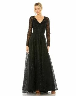 Crystal Embellished Long Sleeve V Neck Gown 11 Crystal Embellished Long Sleeve V Neck Gown -Women's Skirt 20367 BLK Default 1 WS
