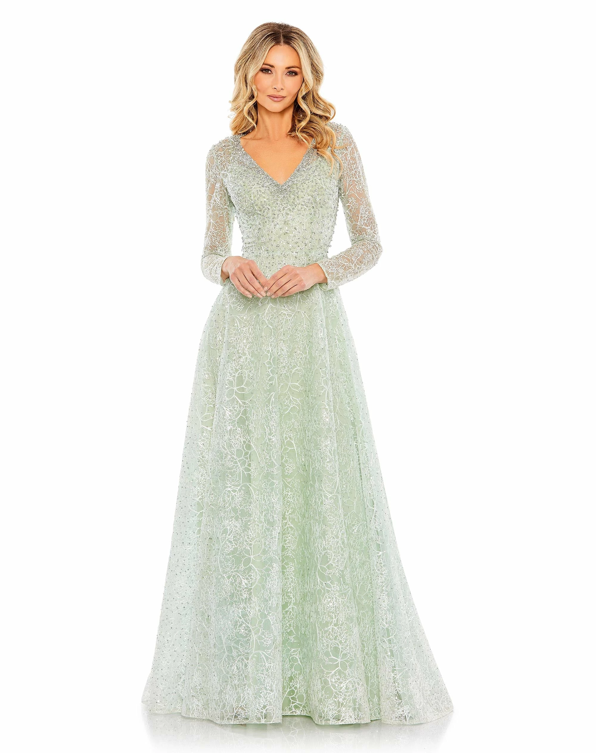 Crystal Embellished Long Sleeve V Neck Gown 3 Crystal Embellished Long Sleeve V Neck Gown