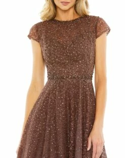 Embellished Cap Sleeve A Line Dress 7 Embellished Cap Sleeve A Line Dress -Women's Skirt 20371 Chocolate CL