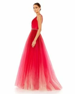 Beaded Belt Wrap Over Sleeveless Ballgown -Women's Skirt 20378 RedOmbre AS