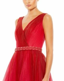 Beaded Belt Wrap Over Sleeveless Ballgown -Women's Skirt 20378 RedOmbre CL