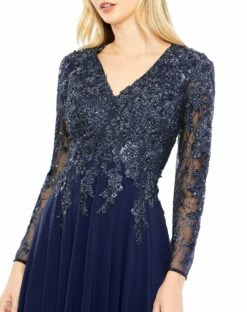 Embroidered Illusion Long Sleeve V Neck Gown -Women's Skirt 20388 Navy CL