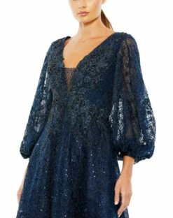 Embellished Plunge Neck Bishop Sleeve Dress -Women's Skirt 20391 Midnight CL