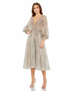 Embellished Plunge Neck Bishop Sleeve Dress -Women's Skirt 20391 Taupe AB