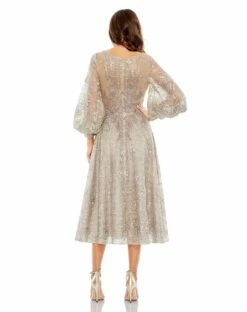 Embellished Plunge Neck Bishop Sleeve Dress -Women's Skirt 20391 Taupe BK