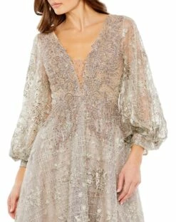Embellished Plunge Neck Bishop Sleeve Dress -Women's Skirt 20391 Taupe CL