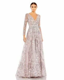 Embellished Wrap Over Illusion Long Sleeve A Line