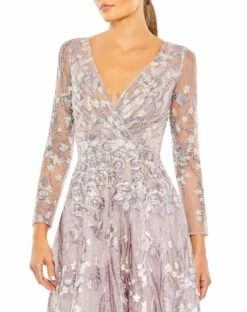 Embellished Wrap Over Illusion Long Sleeve A Line -Women's Skirt 20402 Lilac CL