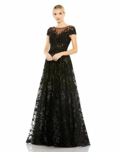 Embellished Floral Cap Sleeeve A Line Gown -Women's Skirt 20405 Black AB
