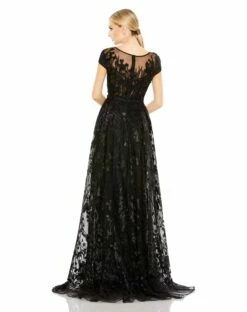 Embellished Floral Cap Sleeeve A Line Gown -Women's Skirt 20405 Black BK