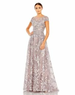 Embellished Floral Cap Sleeeve A Line Gown
