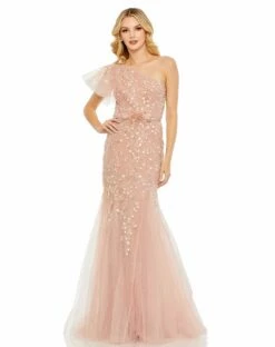 Embellished One Shoulder Cap Sleeve Gown