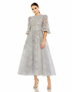 High Neck Puff Sleeve Embellished Gown