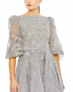 High Neck Puff Sleeve Embellished Gown -Women's Skirt 20418 Platinum CL