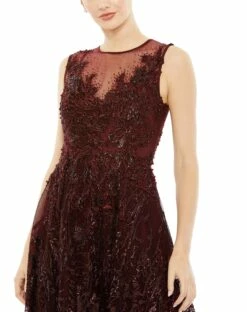 Embroidered High Neck Sleeveless Dress -Women's Skirt 20421 Burgundy CL