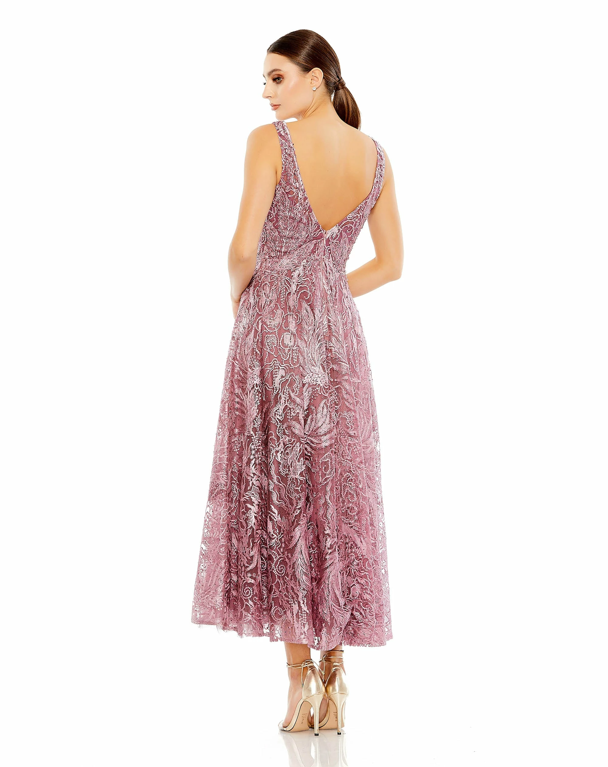 V-Neck Low Cut Back Floral Embroidered A-Line Dress 4 V-Neck Low Cut Back Floral Embroidered A-Line Dress - Image 2