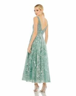 V-Neck Low Cut Back Floral Embroidered A-Line Dress 12 V-Neck Low Cut Back Floral Embroidered A-Line Dress -Women's Skirt 20422 SEA 2 WS